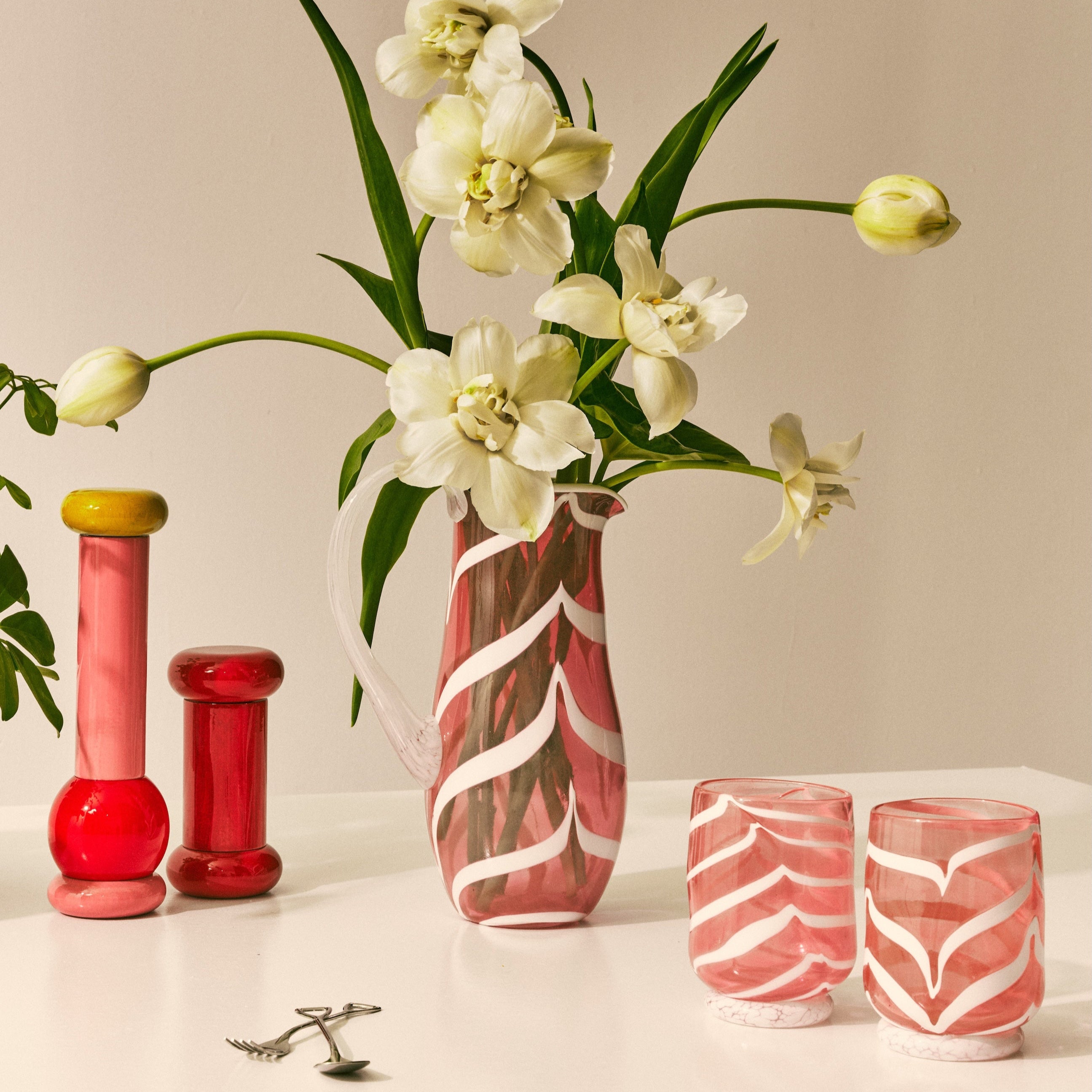 Pink & White Swirl Glass Pitcher