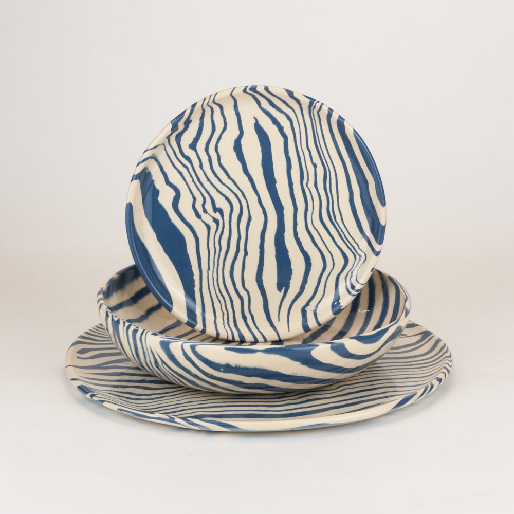 3 Piece Blue & White Marble Dinner Set