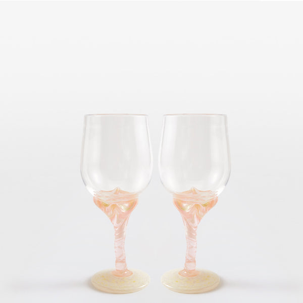 A Pair of Two Pink and White Swirl Wine Glasses