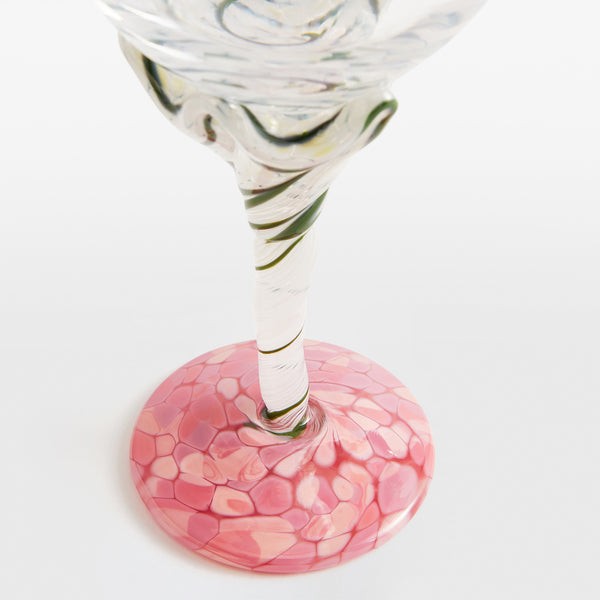 A Pair of Two Green and Pink Swirl Wine Glasses