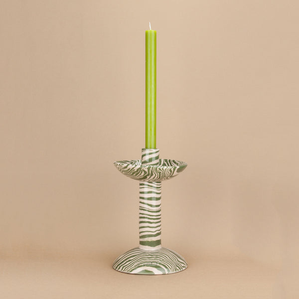 Green & Pink Tall Single Stem  "Dumbbell" Candle Holder
