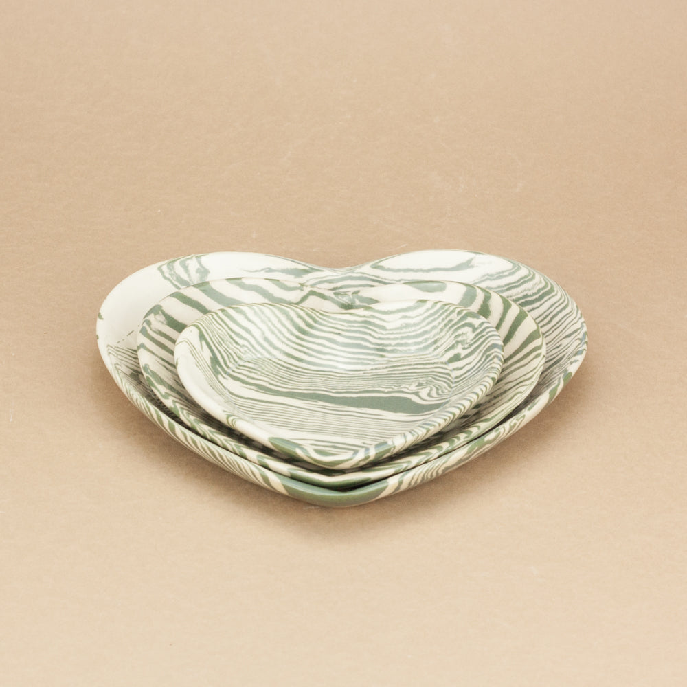 Set of 3 Green and White Heart plates