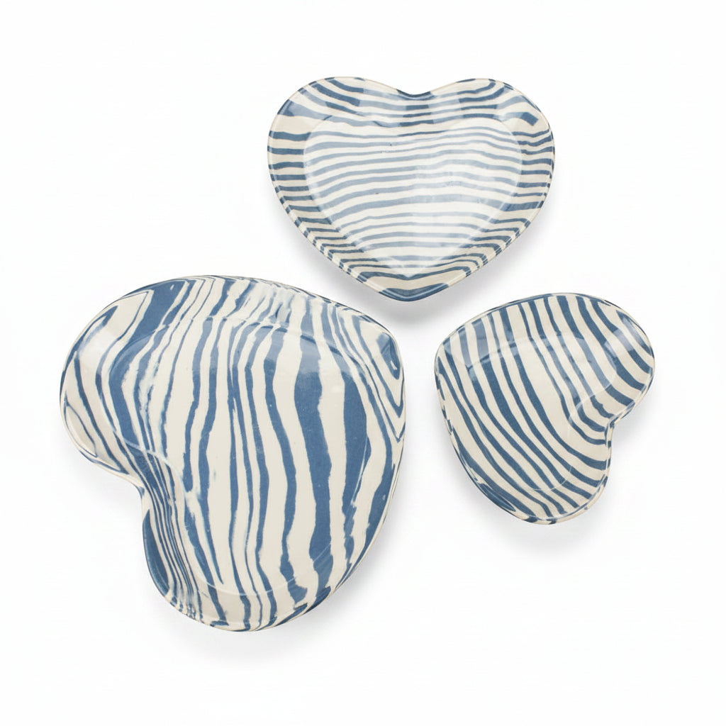Set of 3 Blue and White Heart plates