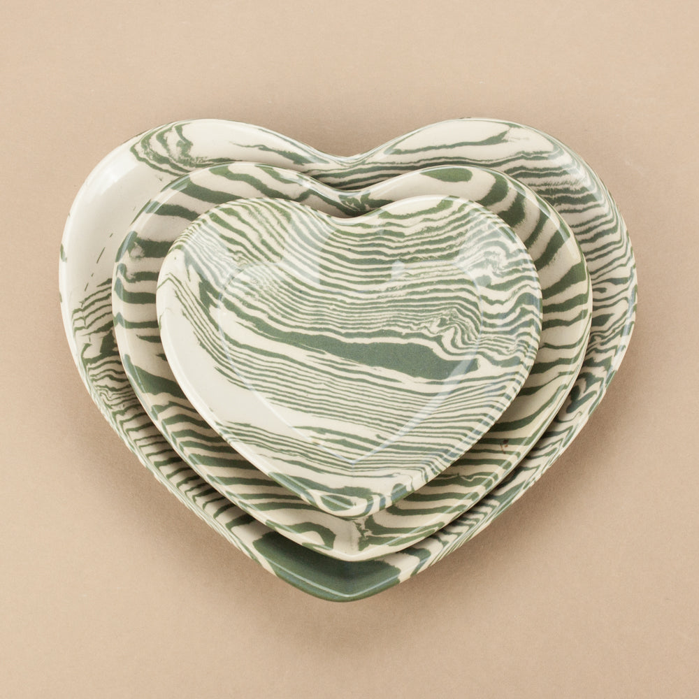 Set of 3 Green and White Heart plates