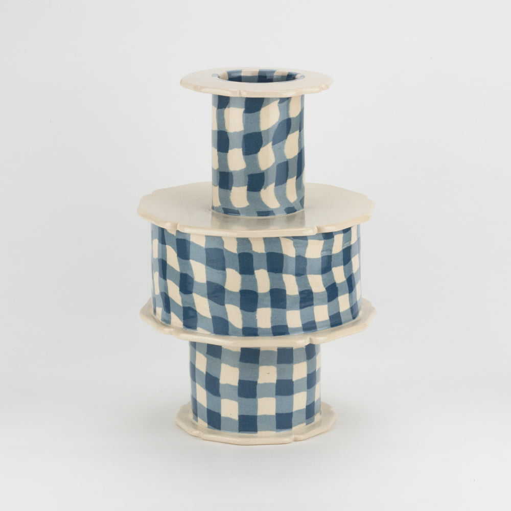 Blue & White Gingham Battenberg Vase