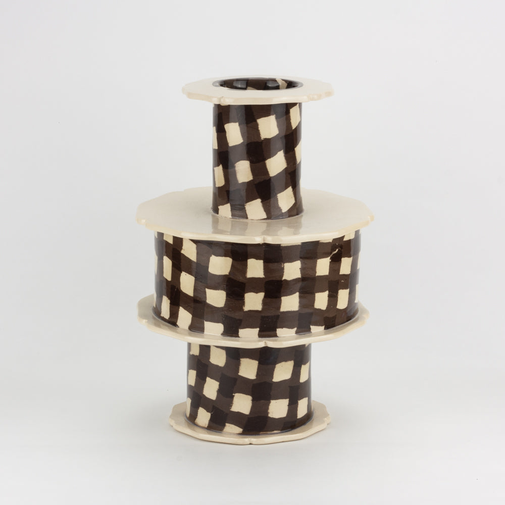Brown & White Gingham Battenberg Vase