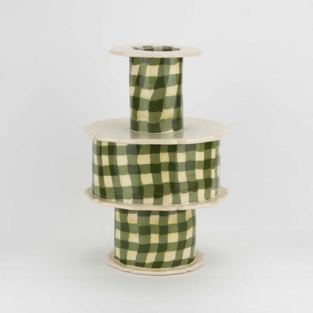 Green & White Gingham Battenberg Vase