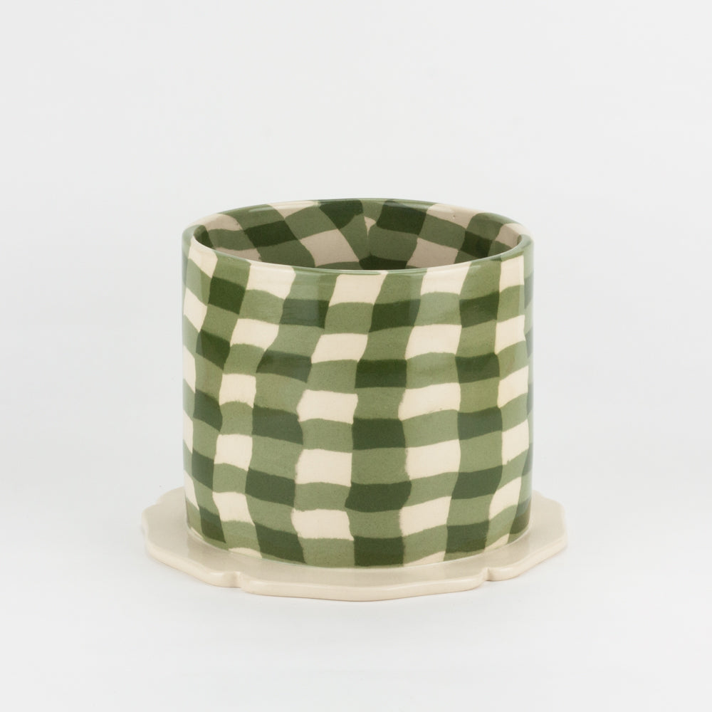Green & White Gingham Planter