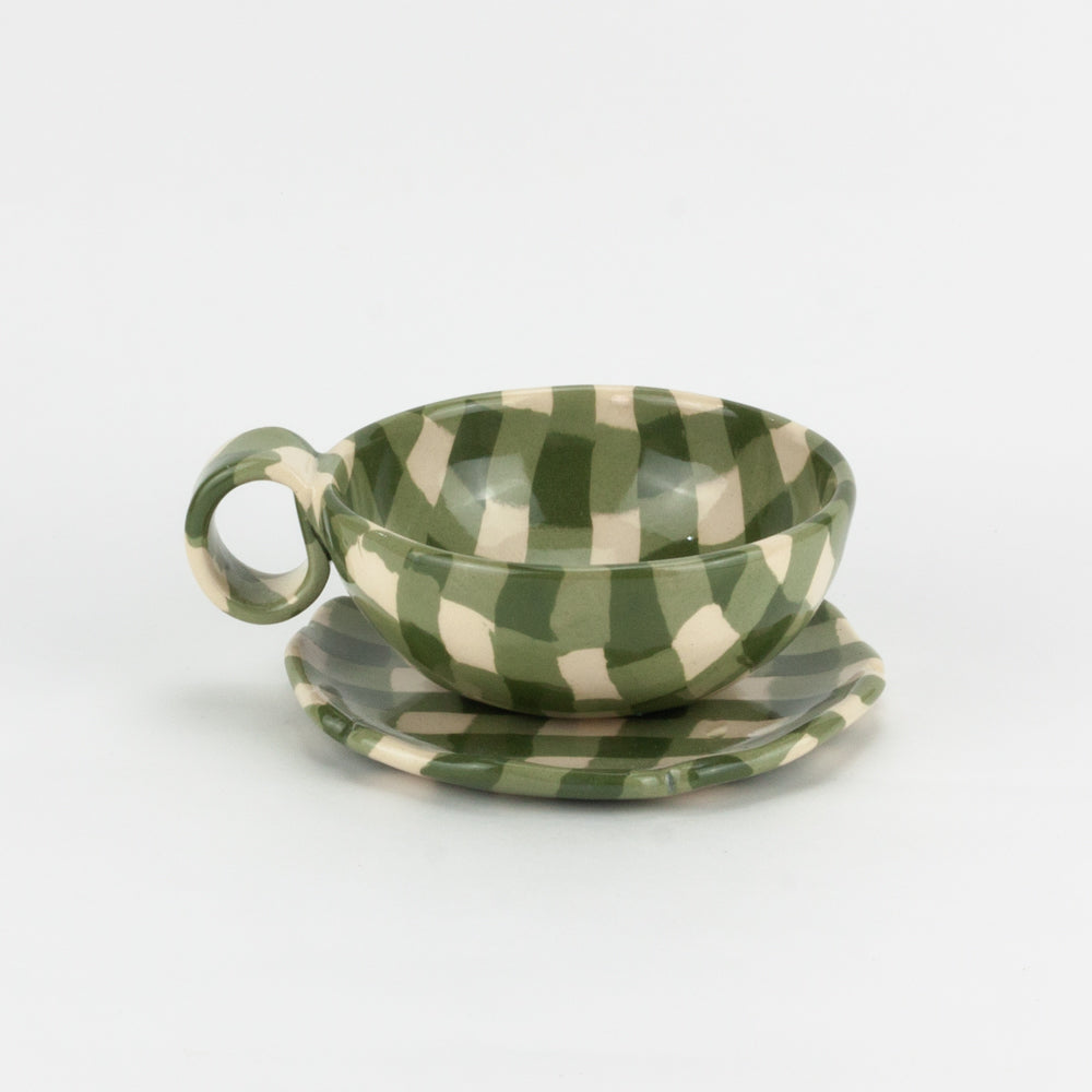 Green & White Gingham Teacup and Saucer