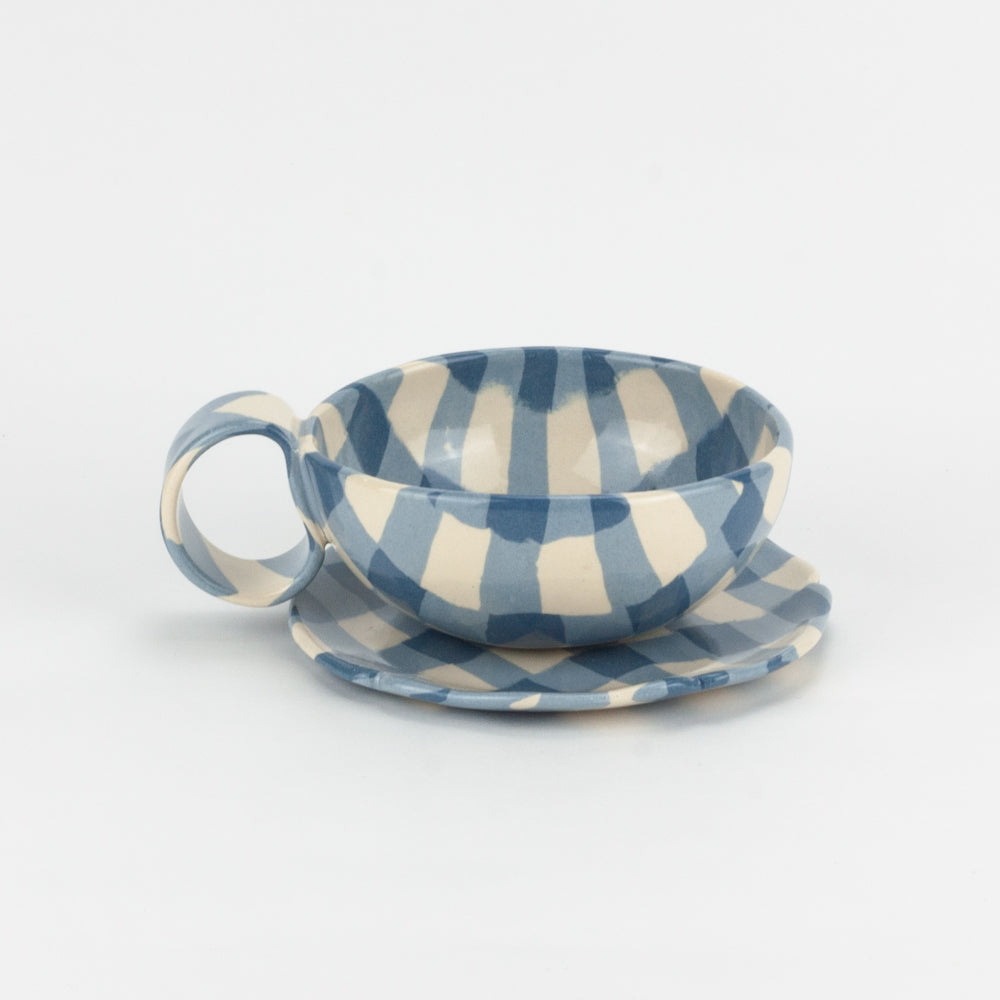 Blue & White Gingham Teacup and Saucer