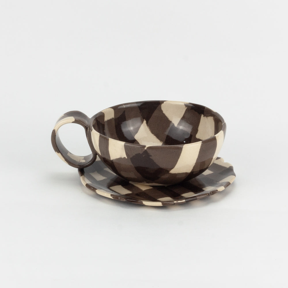 Brown & White Gingham Teacup and Saucer