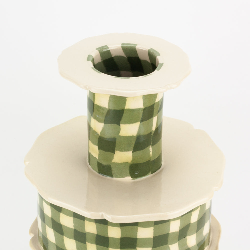 Green & White Gingham Battenberg Vase