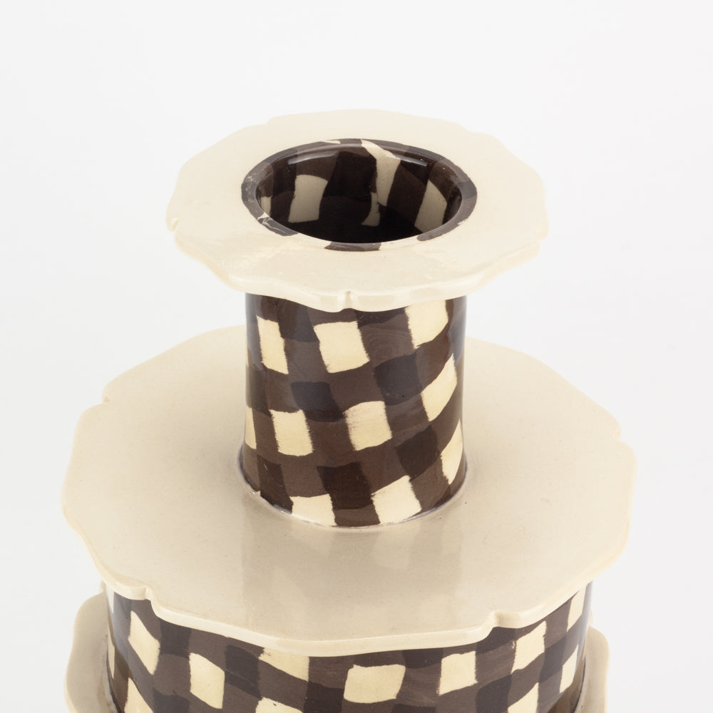 Brown & White Gingham Battenberg Vase