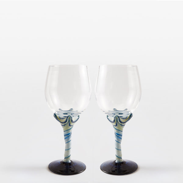 A Pair of Two Blue and White Swirl Wine Glasses