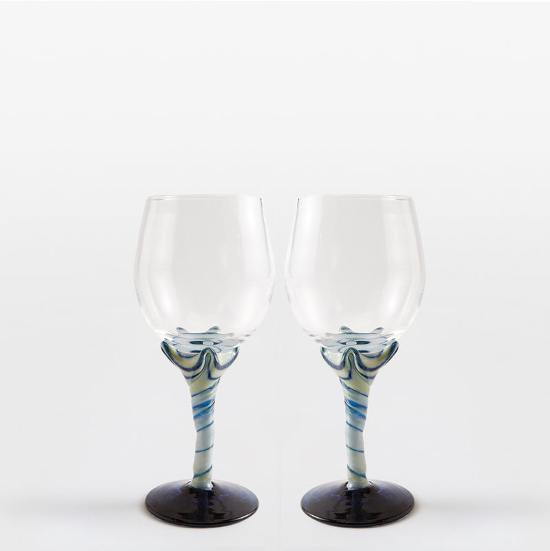 A Pair of Two Blue and White Swirl Wine Glasses