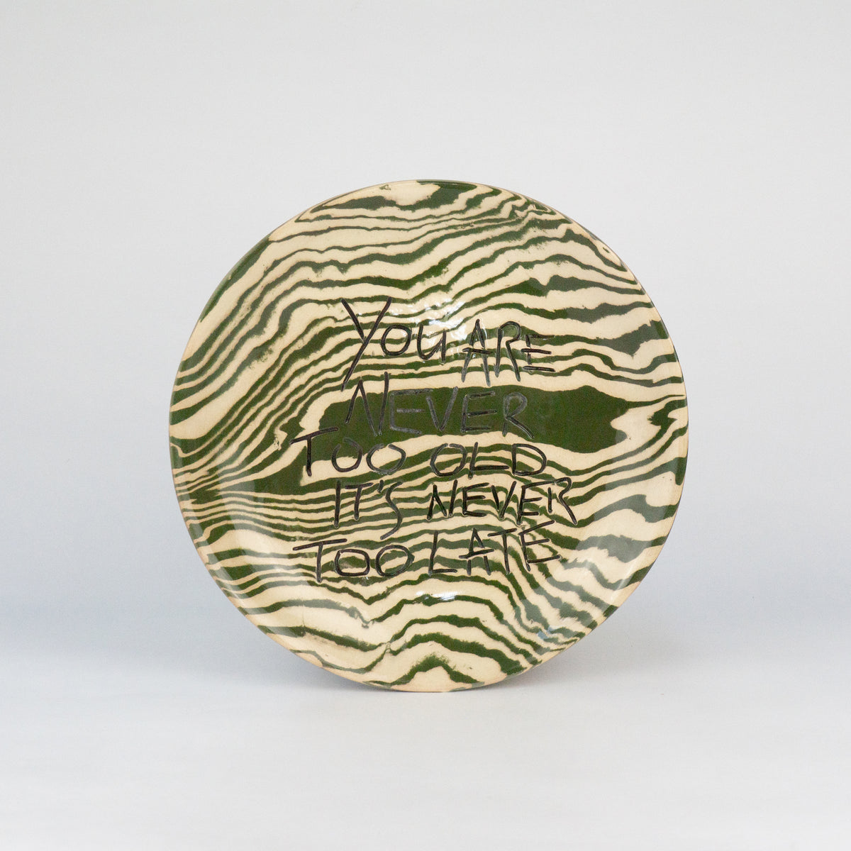 Green & White Medium 'NEVER TOO OLD' wall hanging plate