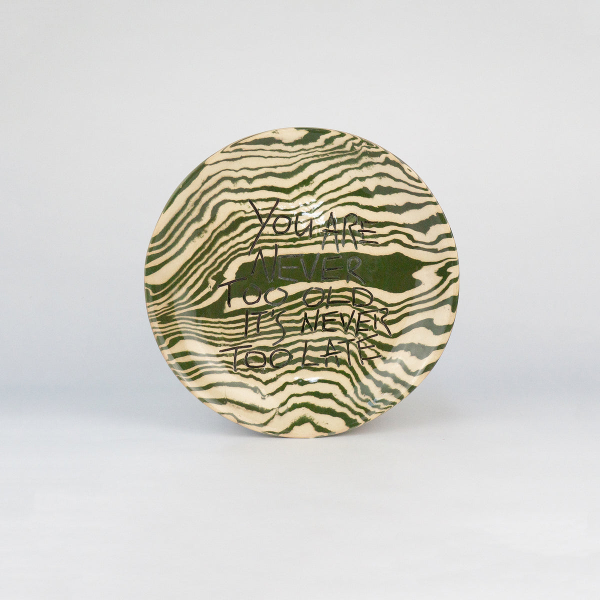 Green & White Small 'NEVER TOO OLD' wall hanging plate