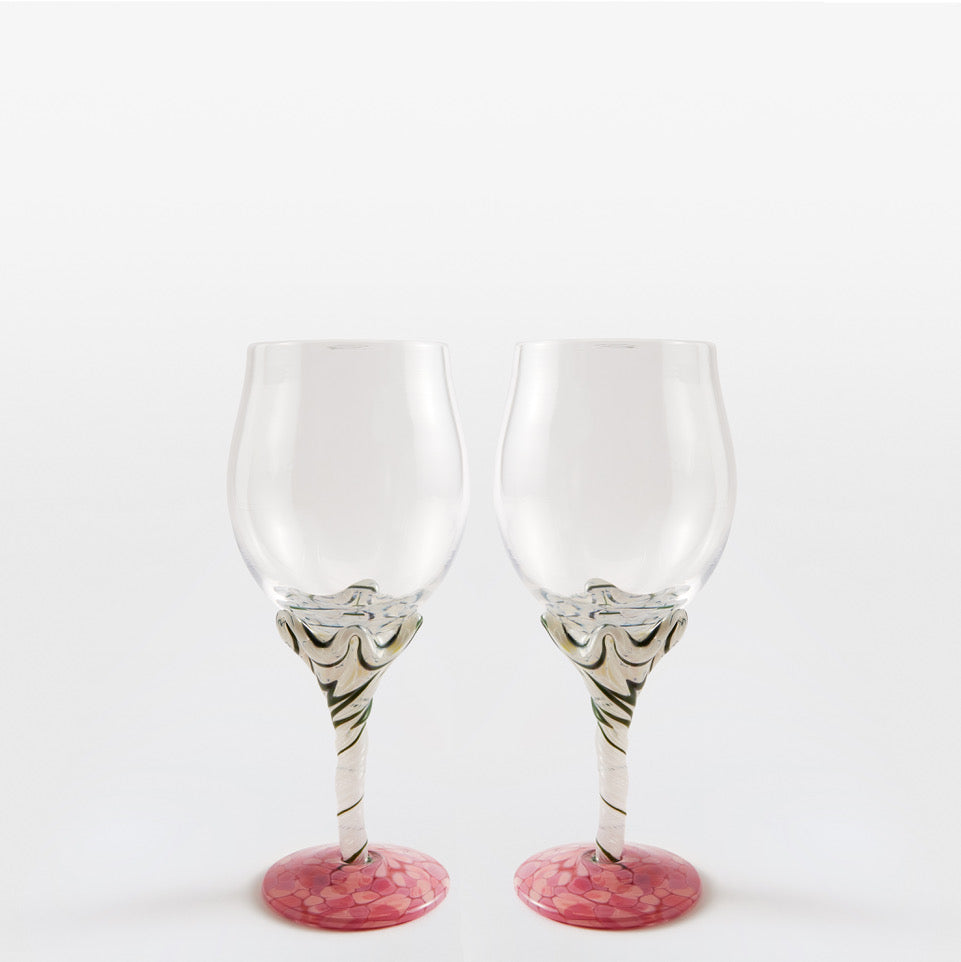 A Pair of Two Green and Pink Swirl Wine Glasses