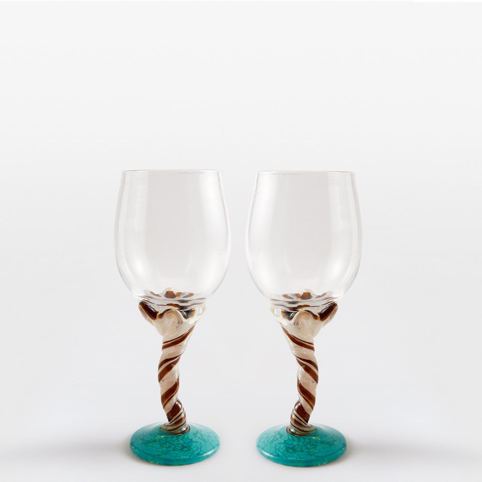 A Pair of Two Turquoise and White Swirl Wine Glasses