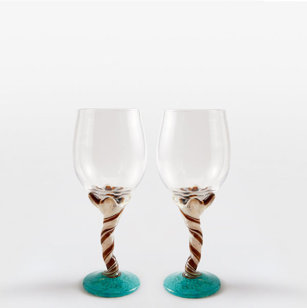 A Pair of Two Turquoise and White Swirl Wine Glasses