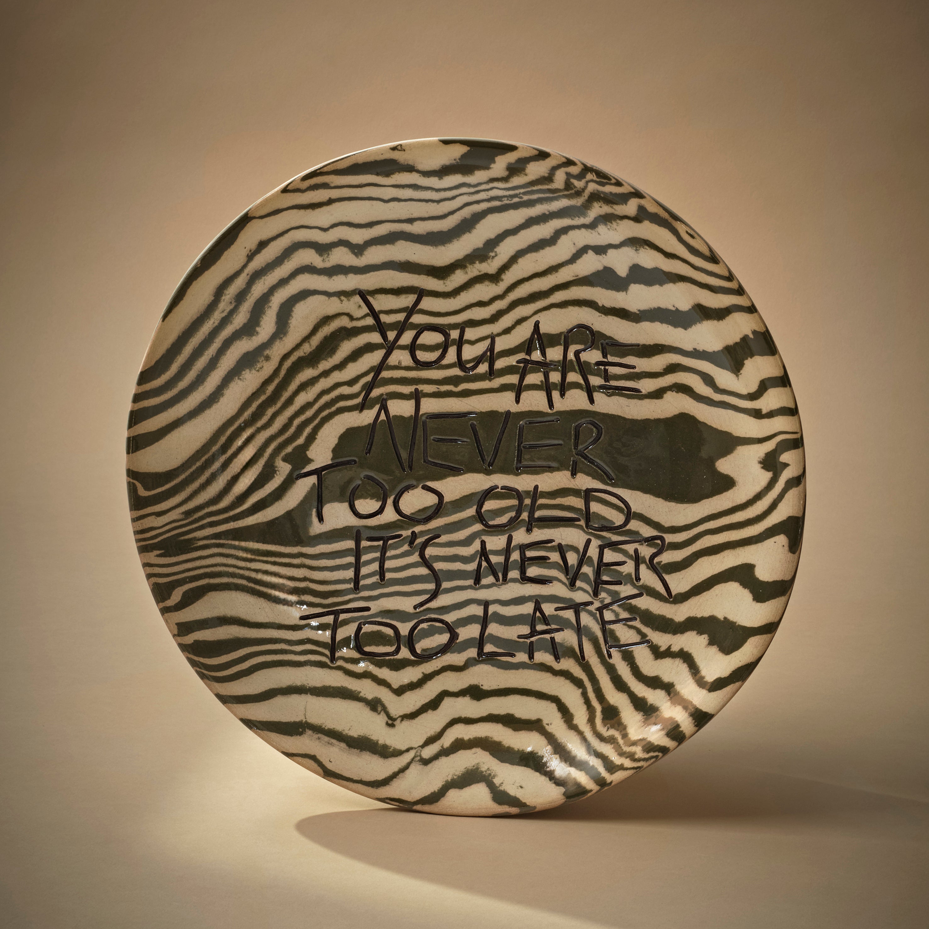 Green & White Small 'NEVER TOO OLD' wall hanging plate
