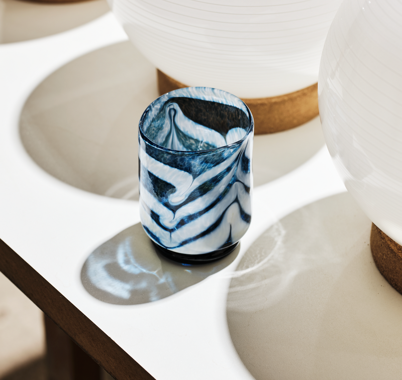 Blue and White Swirl Mid-Ball Glass Tumbler